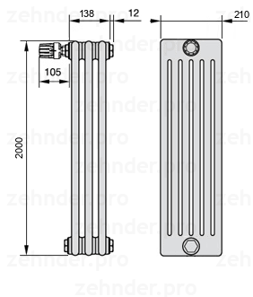 Схема (чертеж) Радиатор Zehnder Charleston 6200/3 №V012 Белый глянцевый RAL 9016